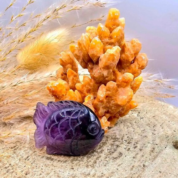 Nature Stalactite Calcite Cluster With Amethyst Fish Decor - Picture 3 of 9